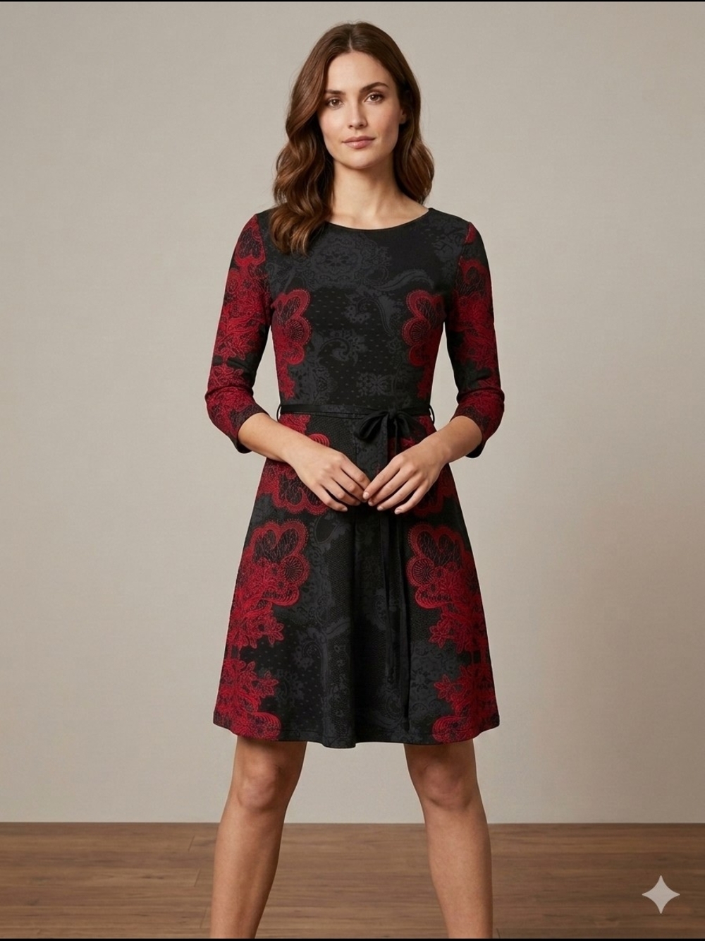 Desigual Black and Red Floral Fit-and-Flare Dress